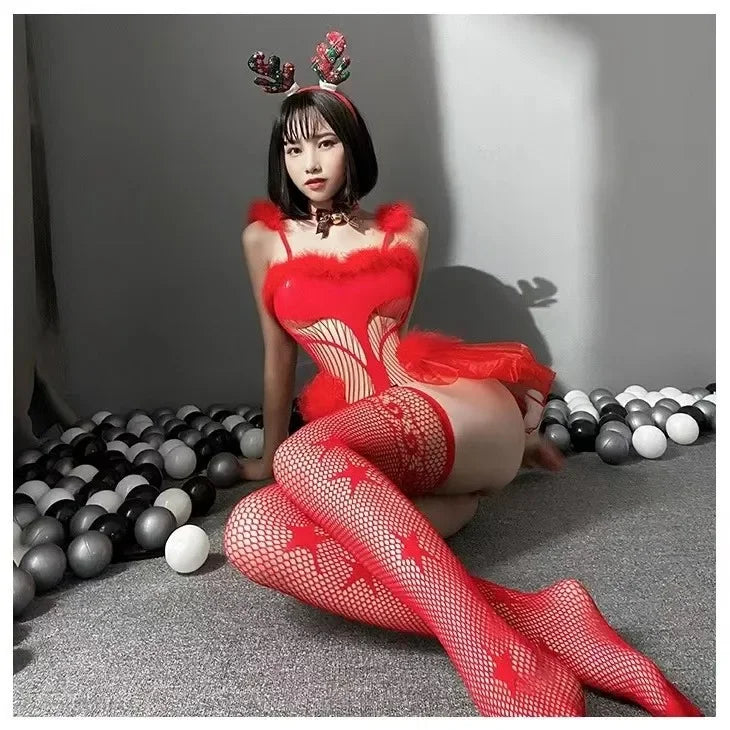 NEW Arrivals Sexy Santa's Elf Plush Onesie Temptation Christmas Deer Velvet Sexy Net Suit Underwear Role Play Cosplay Uniform Set
