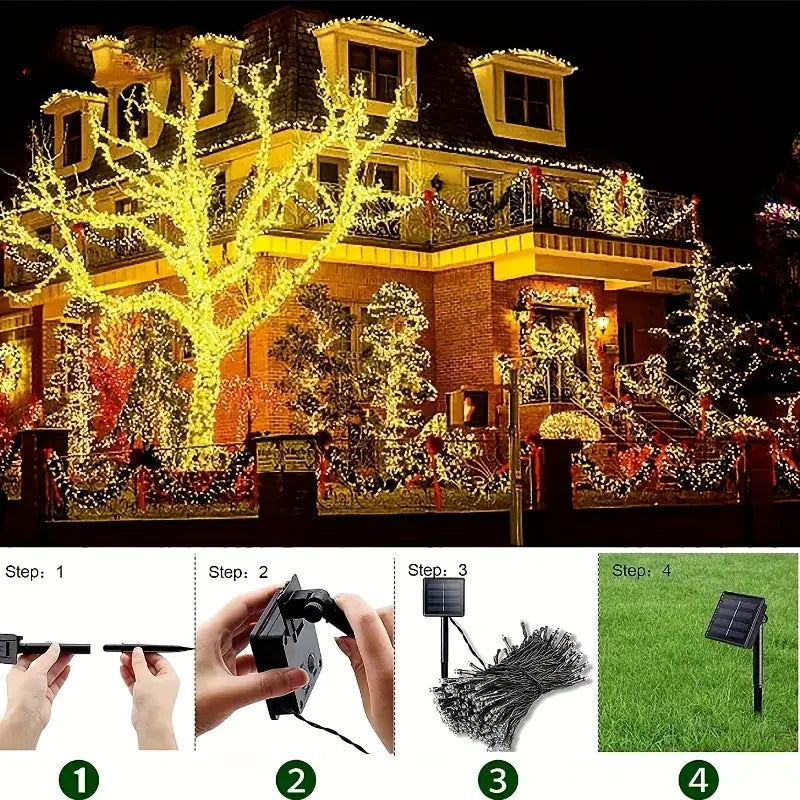 NEW Arrivals 12M-100LED Solar Powered LED String Lights for Outdoor Christmas Garden Patio Balcony 8 Lighting Modes Waterproof Flickering Effect Light Christmas New Year Eve Accessories Supplies