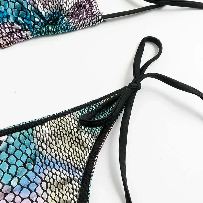 Fish Scales Shiny Halter Triangle Bikinis Set Swimwear Women Micro Thong Swimsuits Swimming Suit Biquinis Bikinis Mujer Swim