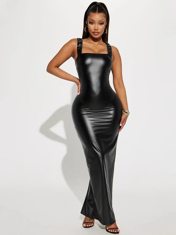 L-7XL Women Girls Plus Size Matte Leather Tank Dress Vintage Stretch Bodycon Faux Leather Maxi Dresses Backless Hem Split 7XL Curvy Clubwear Evening Party Outfit Female Ladies Luxury Fashion Clothing Supplies