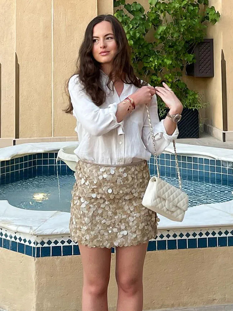 UK Size 13 Colors  Women Summer Fashion Party Style Sequin Mini Slim Skirt Female Sexy Elegant Banquet Zipper High Waist Short A-Line Skirt