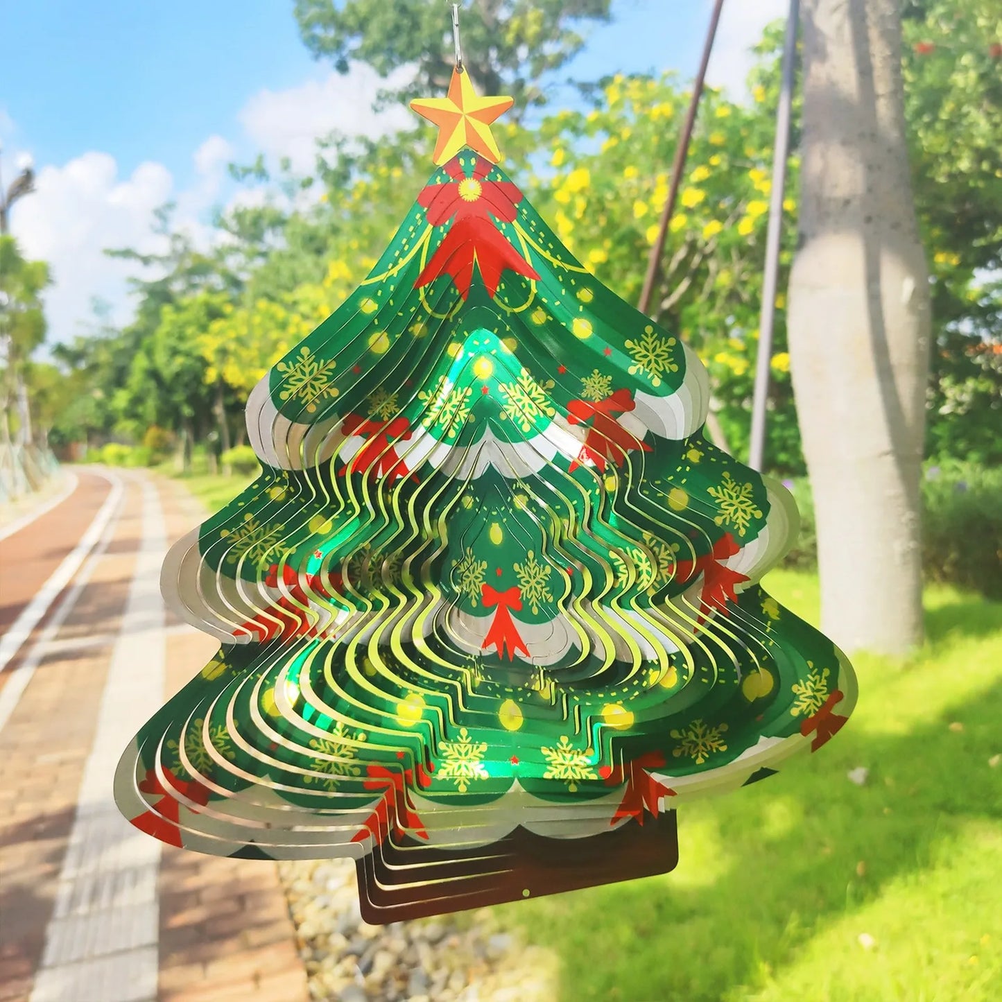 NEW 3D-30cm x 27cm Christmas Tree Shaped Wind Spinner 3D Stainless Steel Metal Wind Chimes Indoor Home Outdoor Garden Courtyard Street Lawn Trees  Christmas Decoration Supplies Garden Decoration Products