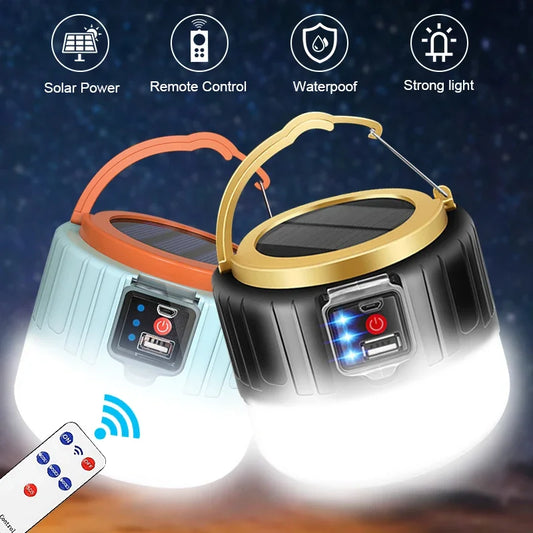 NEW Arrivals Solar LED Camping Light Waterproof Rechargeable Tent Lamp Portable Lanterns Emergency Lights Market Lamp Energy Saving Bulb Camping Accessories