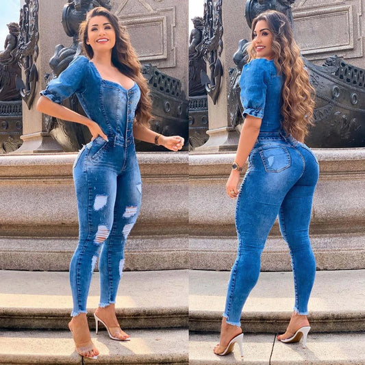 Sexy Denim Spray White Ripped Jumpsuit Women'S Jeans New Ruffle Puff Sleeves Skinny Tear Edge Denim Bodysuit For Summer