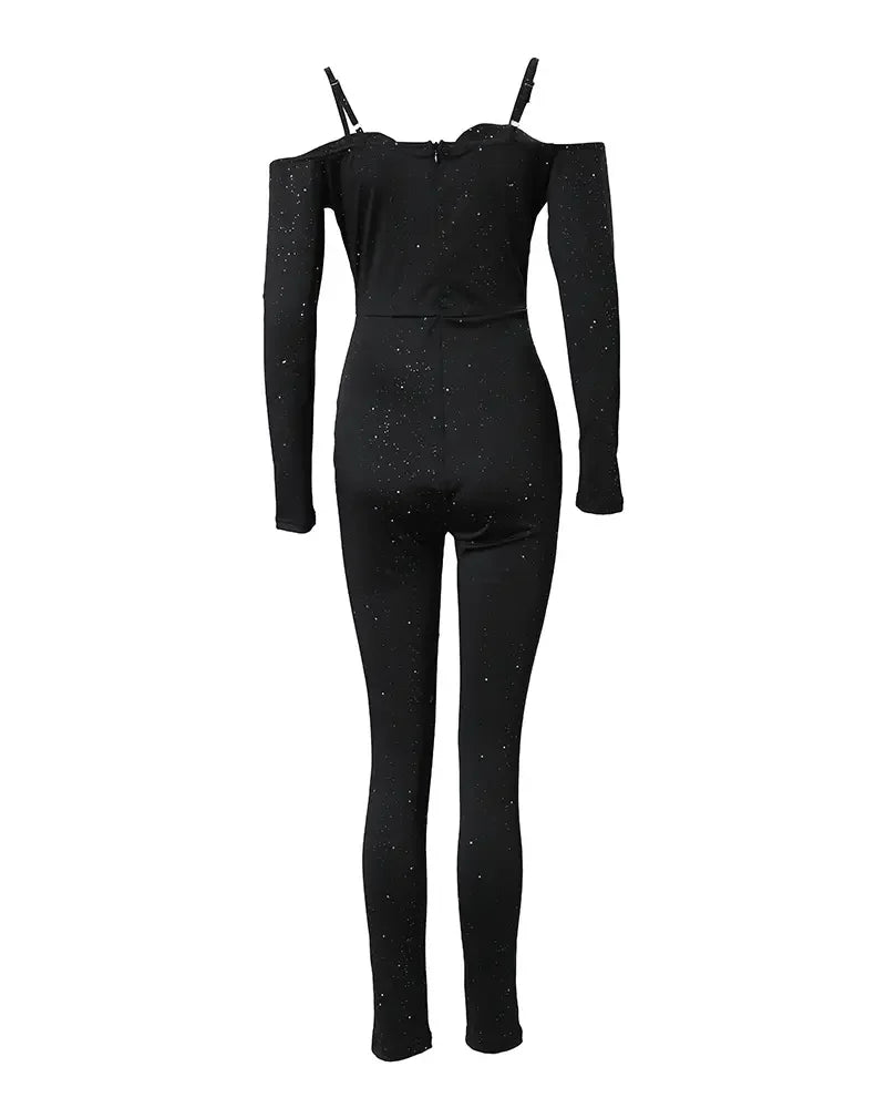 Sexy Party Night Out Jumpsuit Women Elegance Plain Glitter Cold Shoulder Long Sleeve Contrast Lace Corset Skinny Jumpsuit