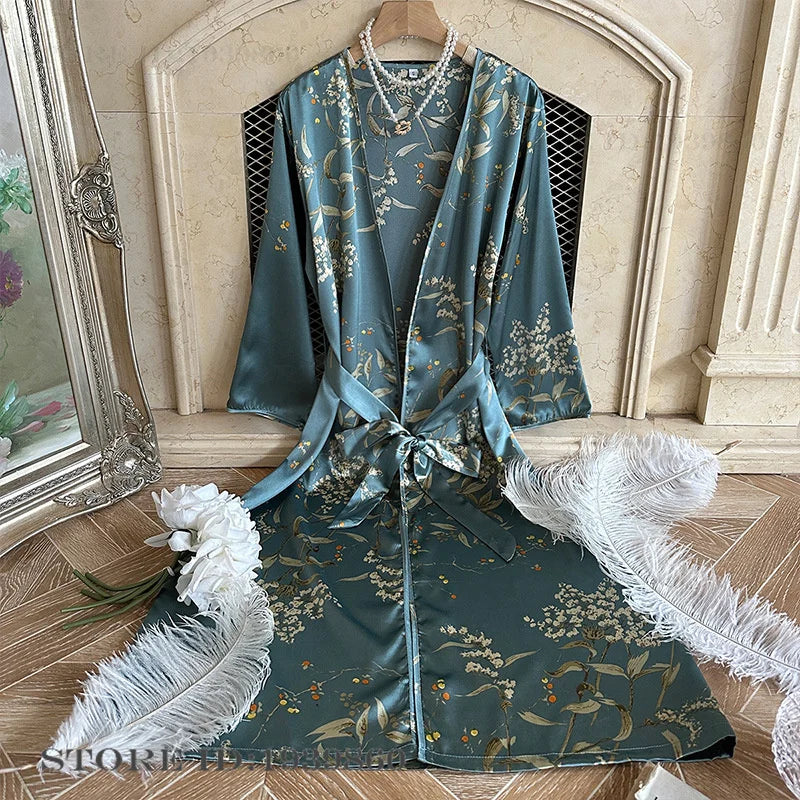 NEW Arrivals 7 Colors Authentic Harajuku Japanese Flower Luxury Kimono Bathrobe Gown Sleepwear Satin Bride Wedding Long Robe Dress Nightgown Spring Female Ladies Luxury Lingerie Fashion Apparel Products