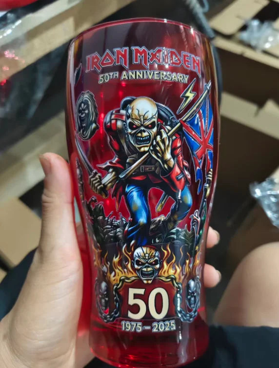 IRON MAIDEN 50th Anniversary Collectible Beer Glass, 500ml 16oz The Trooper Eddie Skull Sticker Craft Pint Glass, Heavy Metal Rock Band Lovers Fans Home Bar Pubs Night Rock Club Drinkware Accessories Barware Supplies
