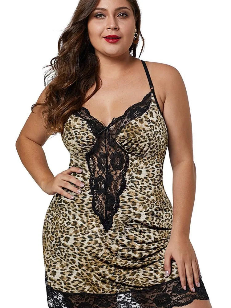 NEW Arrivals S-8XL PLUS SIZE Red/Leopard/Purple/Black Spaghetti Straps Nightgown BBW Curvy Women Summer Lace Satin Sleepwear Sexy Nightdress Ladies Pajamas Home Wear Fashion  Clothes