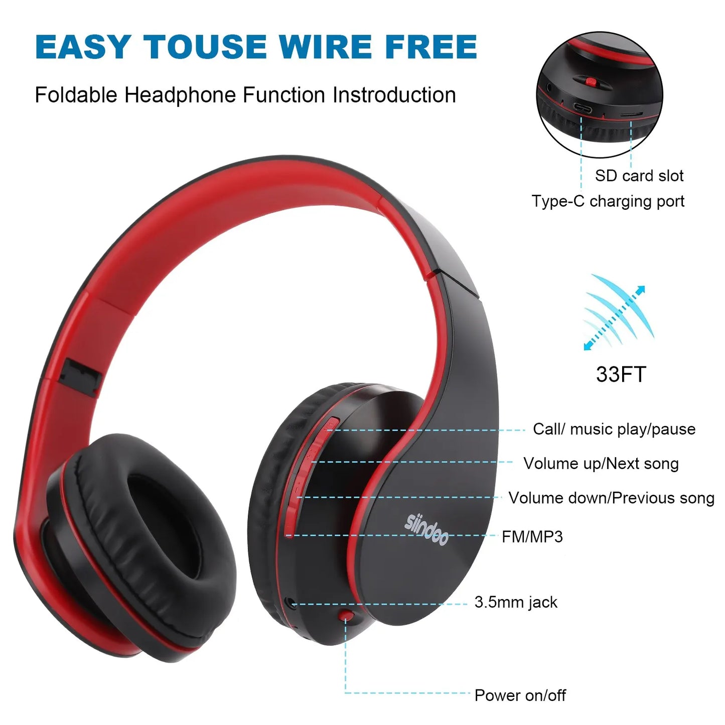 Wireless Headphone Foldable Stereo BT5.1 Earphones Music Headset FM and Support SD Card with Mic for Mobile PC TV