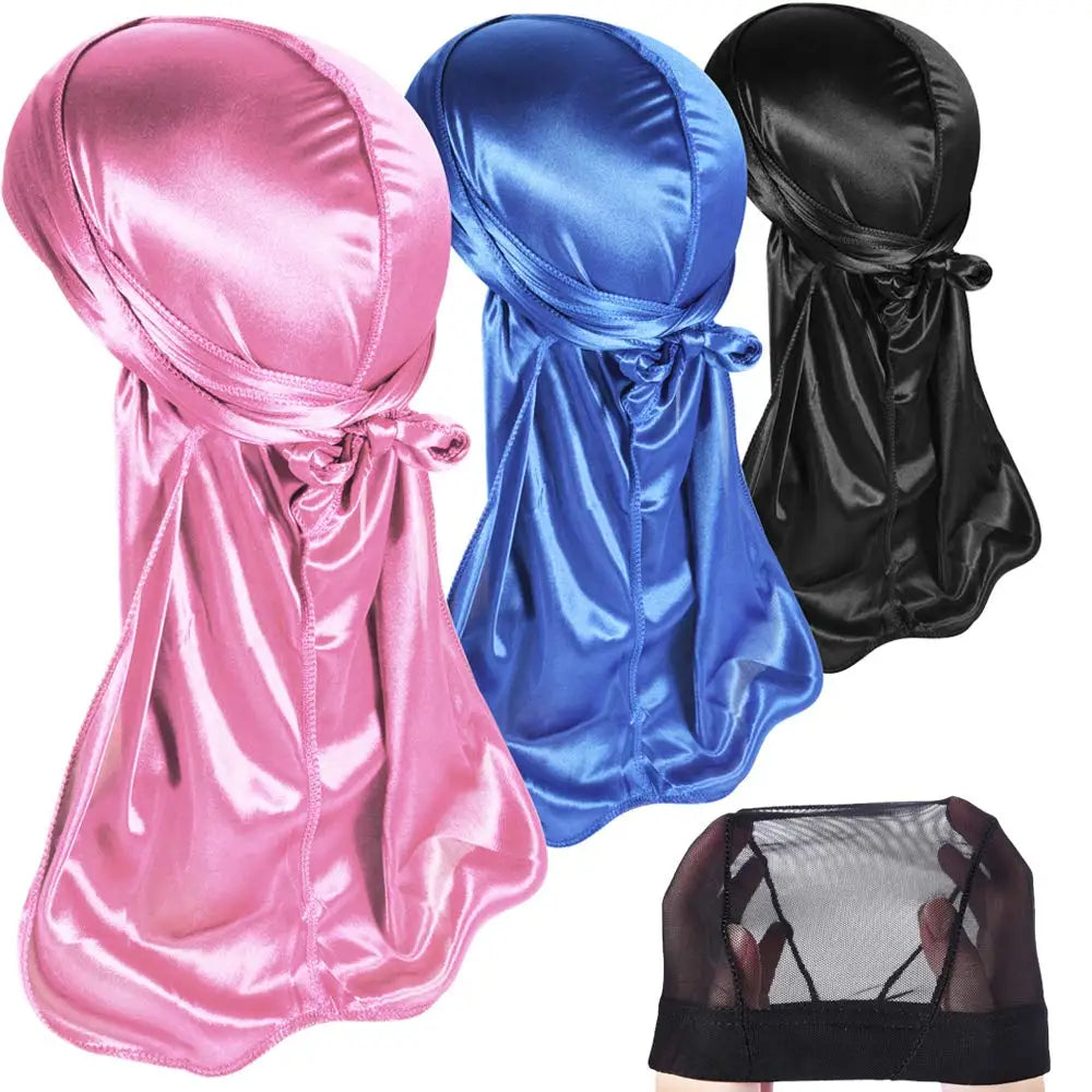 3 PCS Ice Silk Set Women Men Silky Durag Headwraps Durag With Free Waves Cap Durags Pack with Long Tail and Wide Straps Bandanas