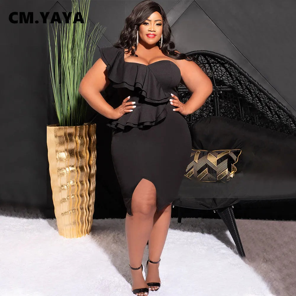 Plus Size Women Ruffles Shoulder Sleeveless Bodycon Midi Dress  Fashion INS Curve Sexy Party Club Dresses