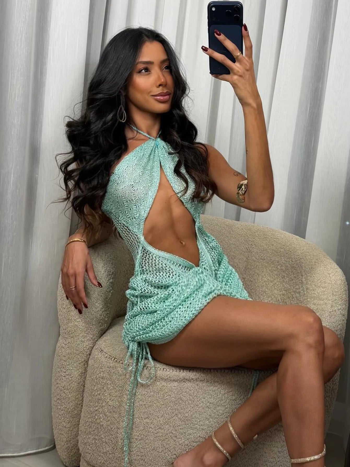 White/Light Green/ Khaki Color Women's Chic Sexy Swimsuit Cover Up 2026 Summer Sexy See-Through Cut Out Knit Halter Neck Slim Side Drawstring Beach Mini Dress