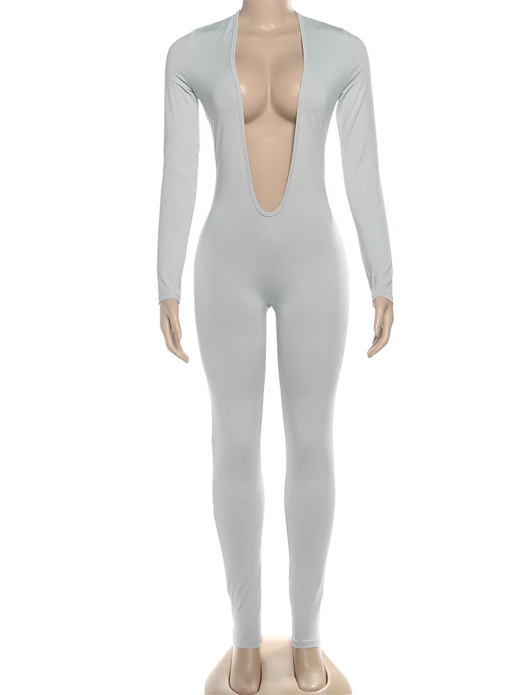 NEW Gray/Black Color Girls Backless Sexy Jumpsuit Women Basic Classics Deep V Neck Full Sleeve Backless Trend Midnight Clubwear Workout Overalls Women Sexy Fashion Clothing Supplies