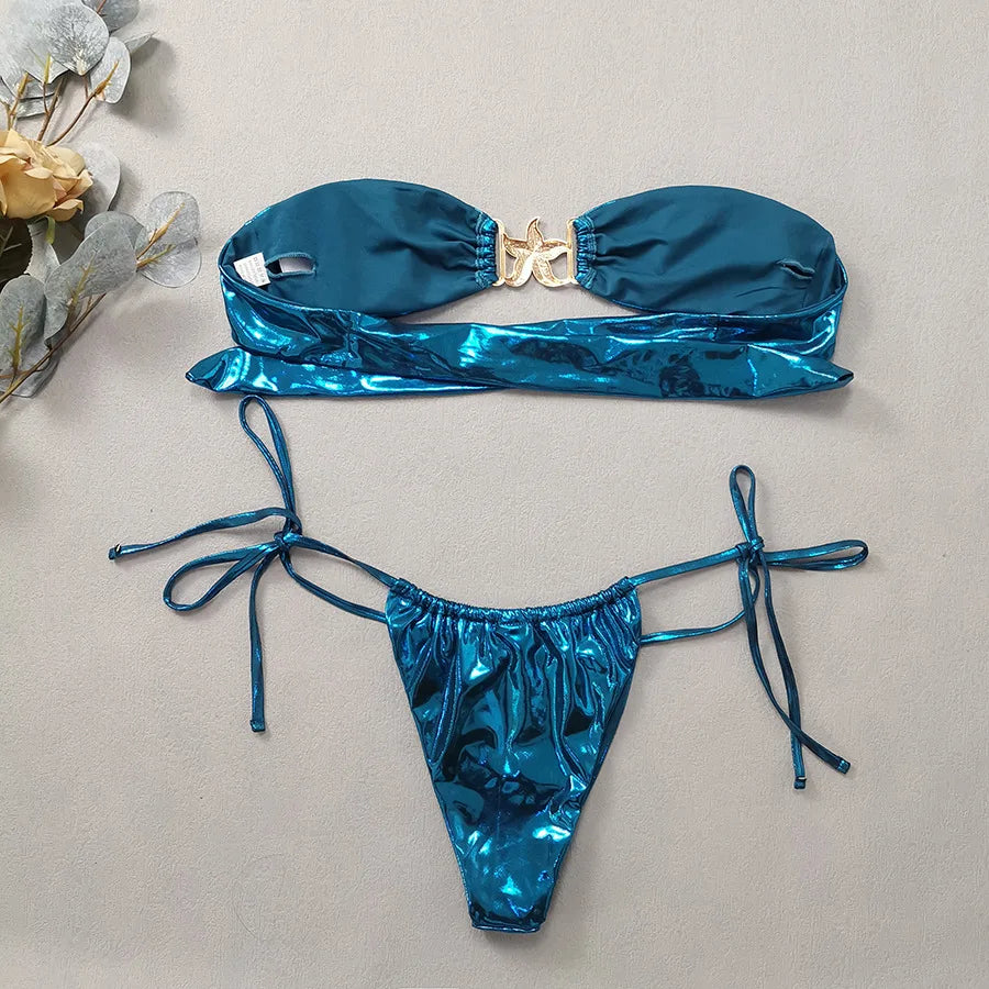 Hot Selling Sexy Strapless Split Bikini Blue Glossy Gold Starfish Swimsuit for Women