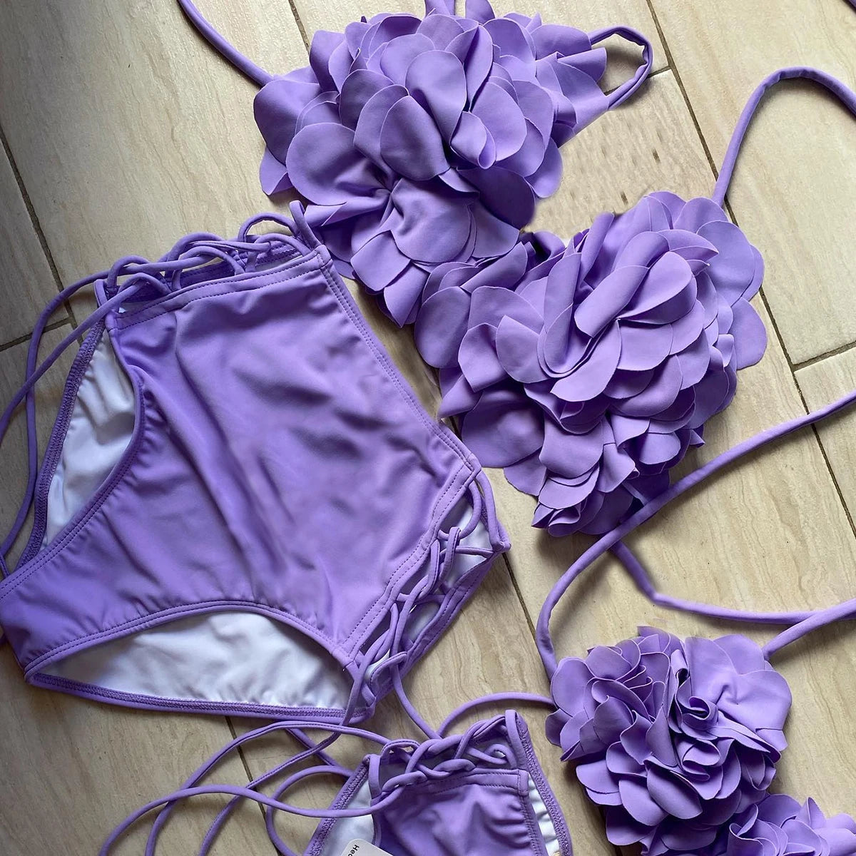 NEW Summer Sexy Petal Push Up Backless Bikini Set Women Fashion Flower Ruffles Bikini Lady Solid Beachwear Bathing Suit Girls Ladies Beach Wear