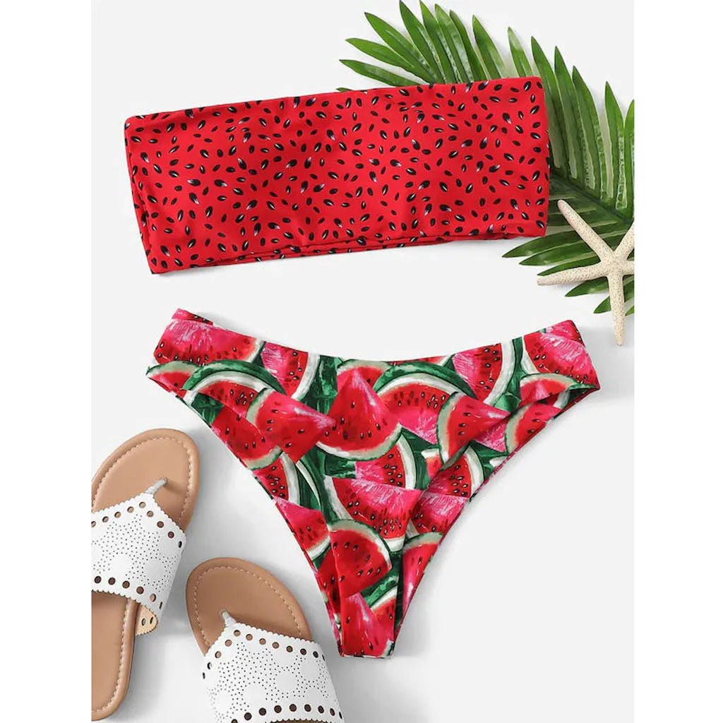 Summer Fashion Watermelon Print Bikini Swimsuit Ladies Sexy Push Up Bra Bikini Two Piece Swimwear Beach Holiday Bathing Suit