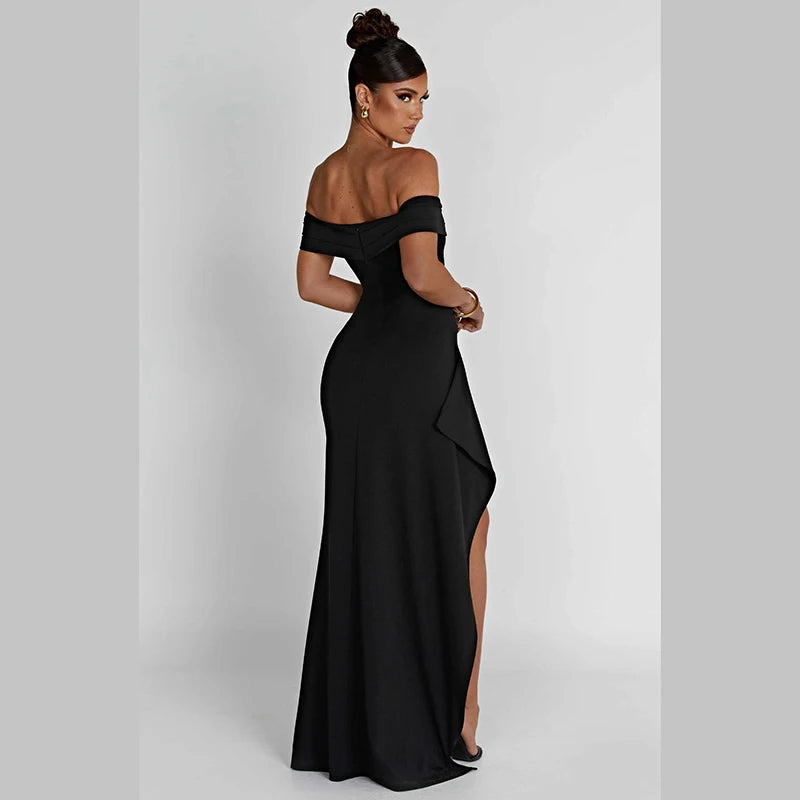 Fashion Solid Color Slash Neck Black High Slit Sexy Formal Champagne Slit Slim Elegant Dress Wrap Dresses For Wedding Guest