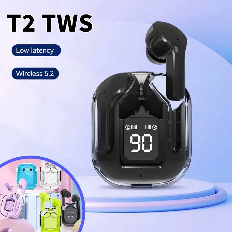 NEW Arrivals Original T2 Wireless Bluetooth Black Earphone Transparent HI-FI 2 Drivers Headphones LED Power Digital Display Stereo Sound Earphones for Xiaomi
