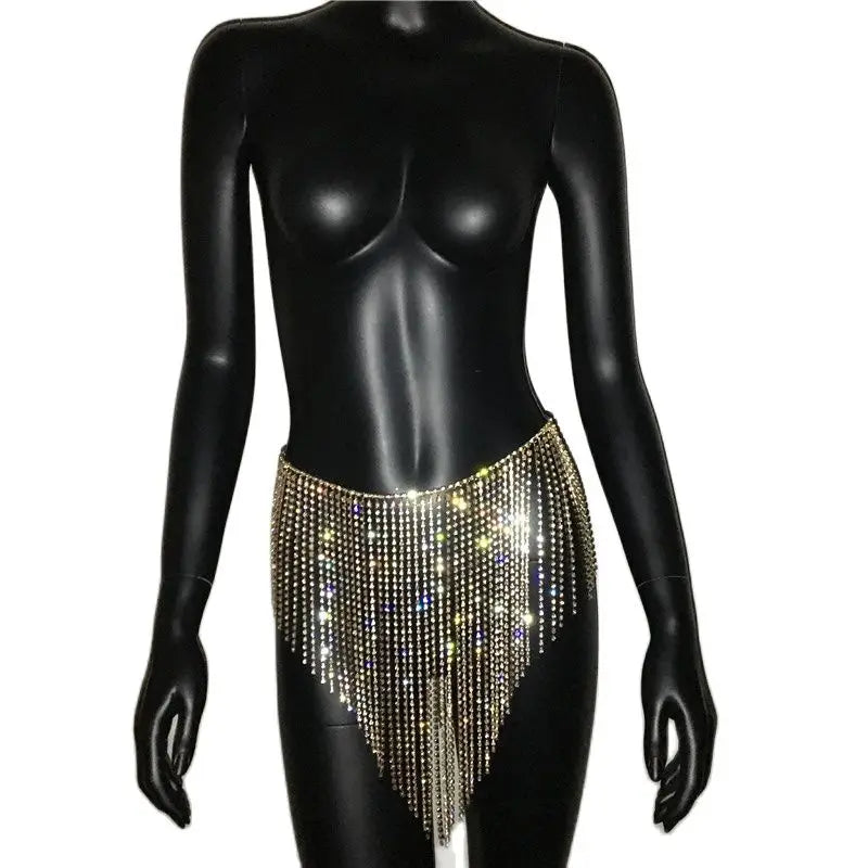 Golden/Silver Color Super Sexy Sparkly Rhinestone Tassel Chain Skirt New Arrival Sexy Shine Hollow Out Handmade Nightclub Beach Mini Skirt