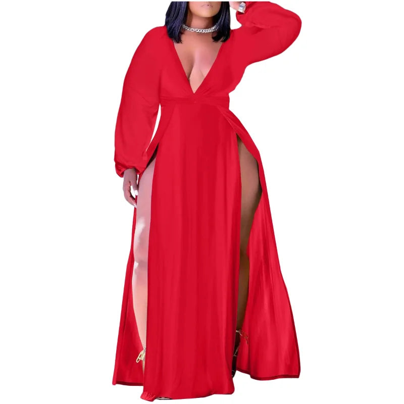 NEW Arrivals XL-5XL Plus Size Pink/Black/Red/ Blue Fall Sexy Dresses Curvy Chubby BBW Women Clothing Solid Long Sleeve V Neck Split Sexy Party Evening Dress Ladies Sexy Fashion Apparel Supplies