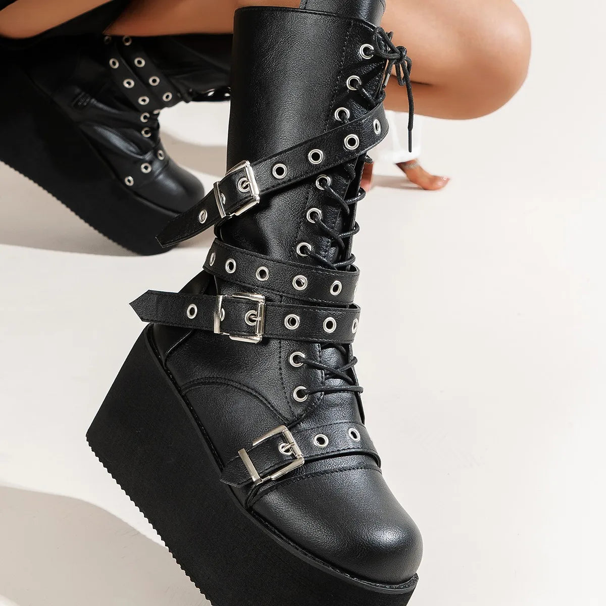 NEW Arrivals Big Size 43 Women Boots Black Lace Up Buckle Round Toe Wedges Platform Boots Punk Goth INS Women Street Shoes