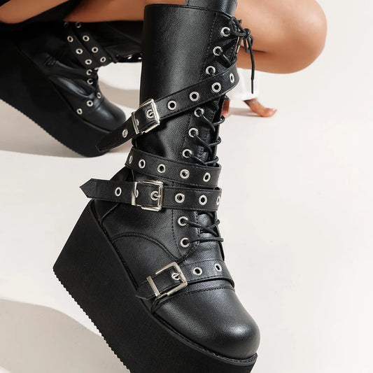 NEW Arrivals Big Size 43 Women Boots Black Lace Up Buckle Round Toe Wedges Platform Boots Punk Goth INS Women Street Shoes