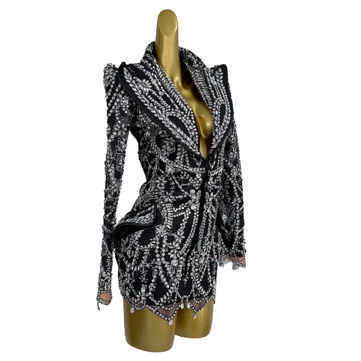 NEW Luxury Fashion Crystal Rhinestones Diamond Short Mini Dress Deep V Black Club Party Birthday Stage Performance Drag Queen Costumes Women Fashion Clothing Supplies