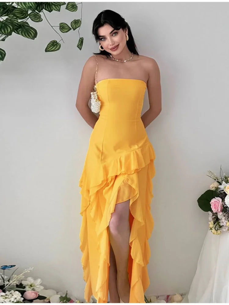 7 Colors Elegant Strapless Women's Dresses Sleeveless Waist Cinching Pleated Split Party Dress Spring Summer Evening Party Trendy Female Fashion