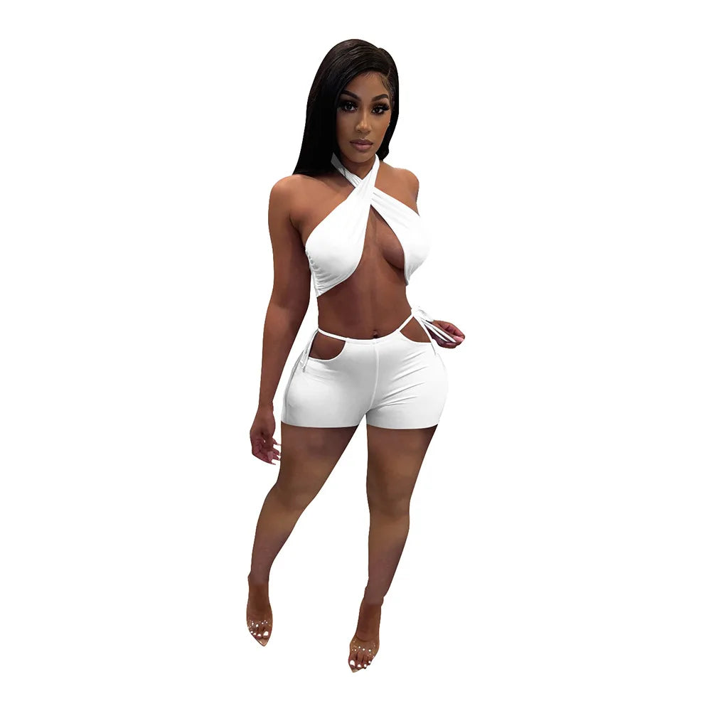 NEW Arrivals 2PCS Set 9 Colors Women Sexy Ruched Bandage Criss Cross Solid Hot Women Spring Summer Backless Evening Beach Party Night Club Crop Top and Shorts Matching Set
