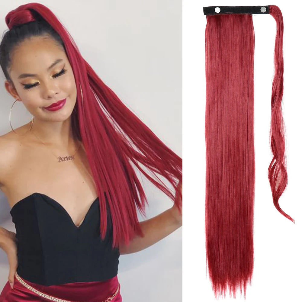 NEW  Synthetic Long Straight Wrap Around Clip In Ponytail Hair Extension Can Be Permed Heat Resistant Pony Tail Fake Hair