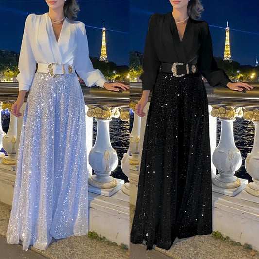 S-3XL 8 Colors Plus Size NEW Arrivals Women's Girls Fall New Fashion V-Neck Long Sleeved Shirt Elegant Sexy V-Neck Slimming Waist Sequin Wide Leg Jumpsuit Set Evening Night Wedding Birthday Party Suit Female Ladies Luxury Fas
