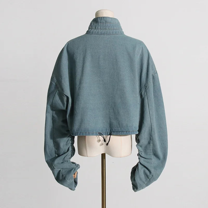 NEW Arrivals S-XL UK Size Dark Gray/Blue Women's Spring New Niche Design Sense Tooling Style Denim Jacket, High Waist Loose Short Denim Stand-Up Collar Zipper Jacket Y2K