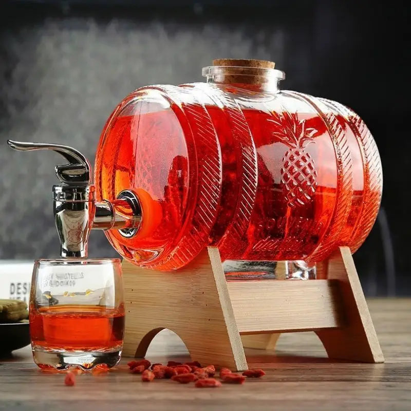 1000ML Full Set Glass Whiskey Barrel Wine Barrel Beer Bottle Fruit Aging Alcohol Honey Storage Container With Base Faucet Bar Set Home Bar Pubs Restaurants Barware Accessories