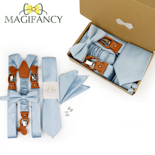37 Colors 5 PCS Set Big Size Suspender Tie Set Solid 3.5cm Brace 8.5cm Necktie Men Sage Salmon Pink Dinner Wedding Business Top Accessory Gift Men Formal Apparel Sets