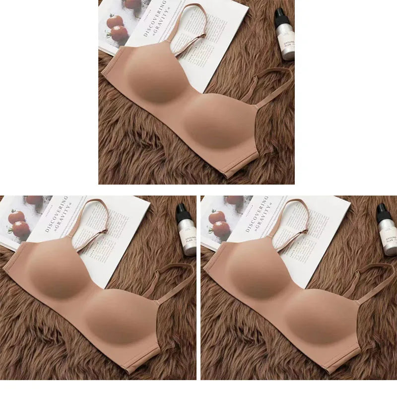 NEW Arrivals 3 PCS Set Black/White/Skin/Brown Color Women's Thin Wireless Bras Girl Seamless Push Up Bra Female Comfortable V-Shaped Underwear Lady Breathable Comfort Lingerie