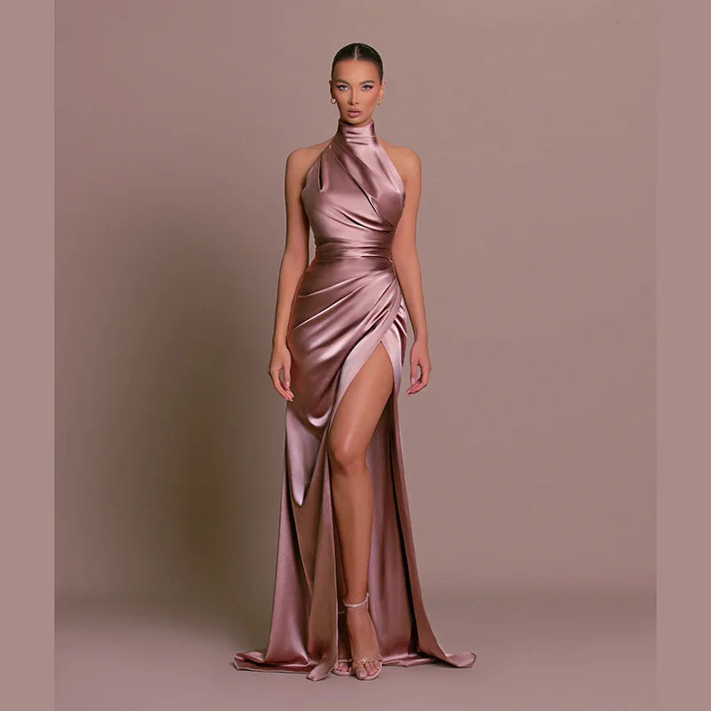 8 Colors Ladies Summer Luxury Satin Sexy Evening Wedding Guest Birthday Party Business Dinner Dresses Women Sleeveless Backless Halter Side Slit Elegant Long Dress Women Sexy Outfits Clothes