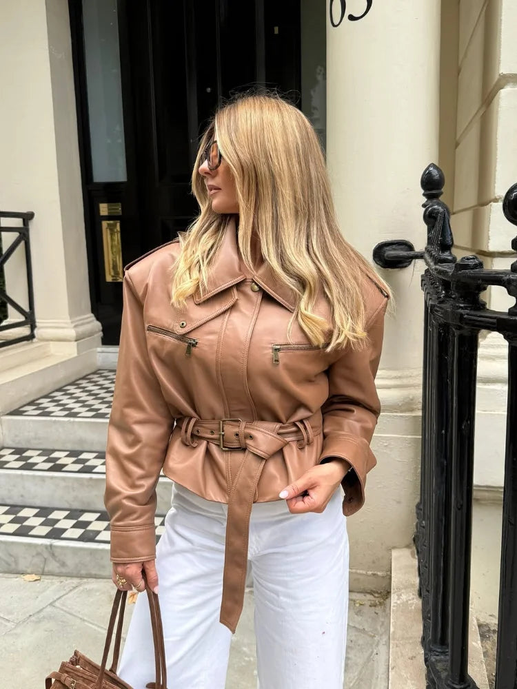 UK Size Women Solid Burgundy Waist Cinching Jacket Fashion Lace Up Stand Collar Zipper Bucket Short Jackets Lady High Street Coat