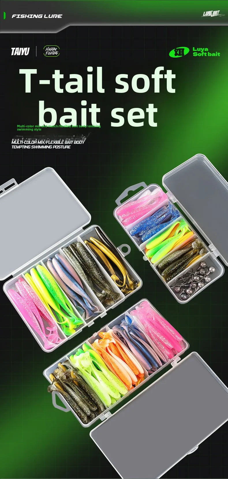 100 PCS Set High-Quality Soft Two-Tone Tail Luminous Glow in the Dark Night Fishing Lures Soft Bait Fake Bait with Lead Head Hook River Ocean Lakes Fishing Accessories Tools Set