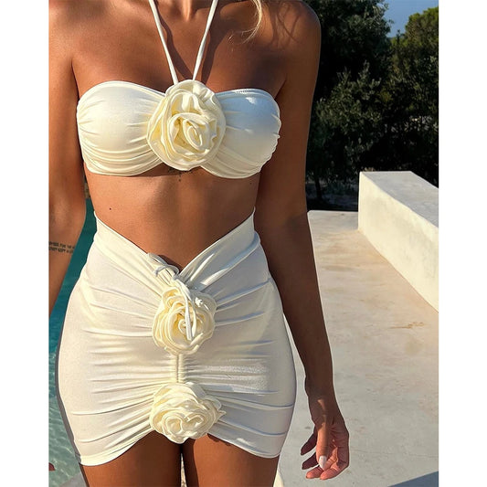 NEW 3PCS Set 3 Colors Solid Floral Lace Women Bikini Set Cover Up Swimwear Women Swimsuit Push Up Bathing Suit Beachwear Ladies Sexy Swimming Suit