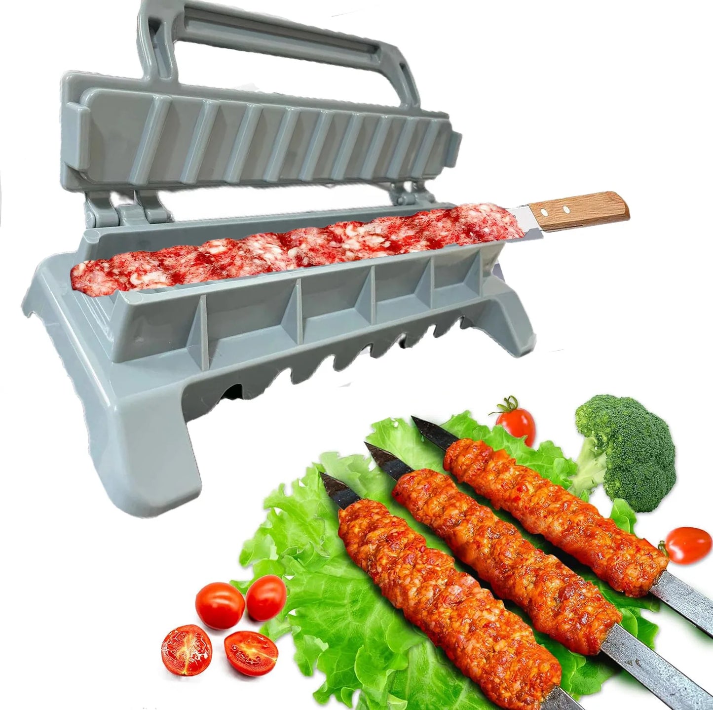 New Single Row Kebab Maker BBQ Camping Grill Meat Skewer Machine Kebab Press Souvlaki Maker Reusable Plastic BBQ Skewer Maker Kebab Preparation BBQ Tool Cooking Accessories