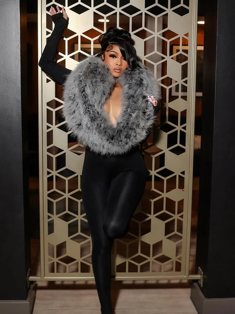 UK Size 4 Colors Furry Deep V-Neck Jumpsuits Woman Hipster Patchwork Trend Sexy Stretch Fitness Club Activity Luxury Midnight Overalls