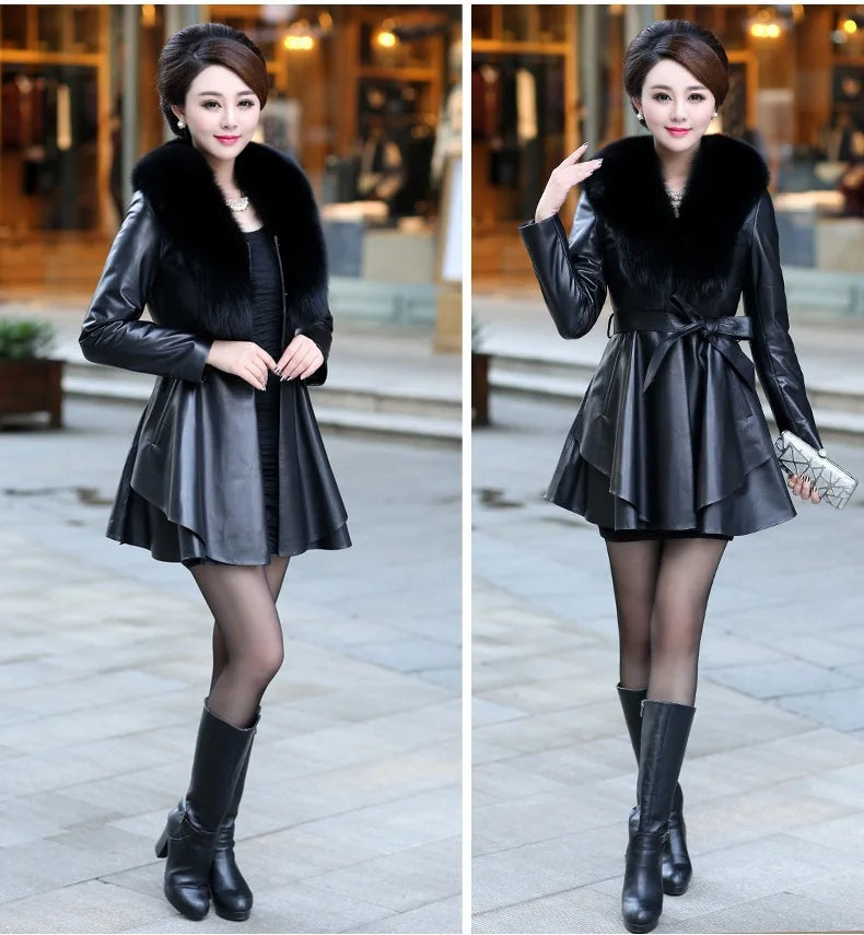 NEW Arrivals Leather Jacket Faux Fox Fur Collar Woman Medium Long Fur Jacket Slim Fit And Cotton Fashion PU Leather Jacket Black Ladies Luxury Fashion Clothing Supplies