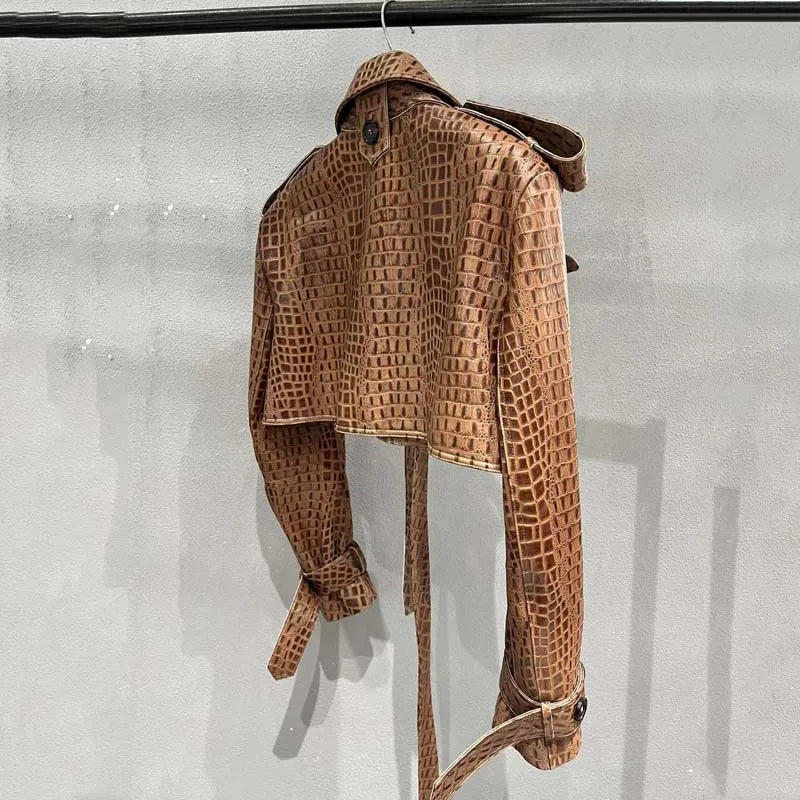 Women Coat Spring And Autumn New Arrival Genuine Leather Jacket With Long Belt Imitation Crocodile Texture Real Sheepskin