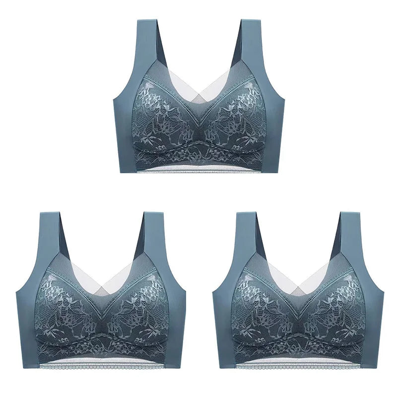 NEW Arrivals 3PCS Set L-(45-50KG) 5XL(100KG) Women Lace Bra Bralette Push Up Perspective Ice Silk Deep V Bra Sexy Lingerie Tops Plus Size Cup Mom's Underwear Chubby Ladies Underwear