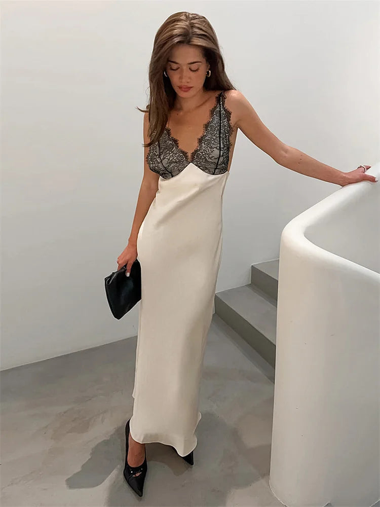 Just Arrived Black/White Color  Lace V-Neck Long Dress Women's Patchwork High Waist Slim Backless Summer 2026 New Dress Female Evening  Party Dress Gown