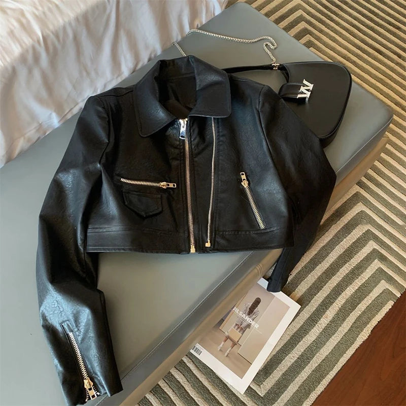 NEW Arrivals Vintage Cropped PU Leather Jacket Women Streetwear Black Motorcycle Coat Fall Winter Long Sleeve Zipper Chic Outerwear Girls Casual Fashion Clothing Supplies