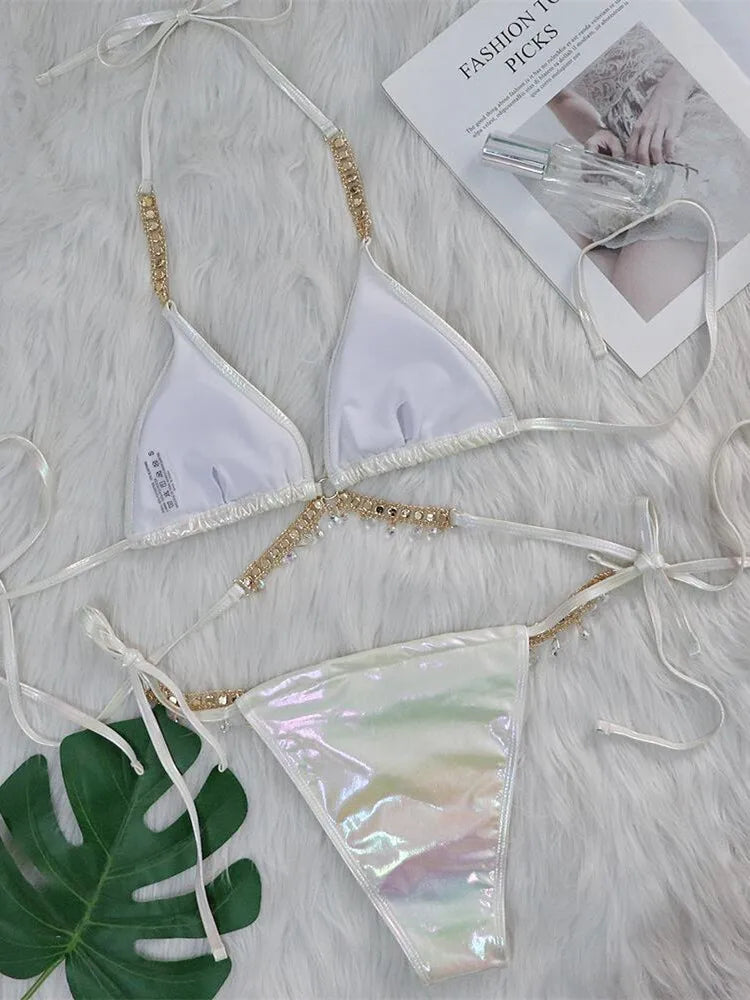 Sexy Pink Brozing Bikini Set Women Luxury Rhinestone Criss Cross Bandage Micro Swimsuit Bathing Suit Diamond Thong Swimwear