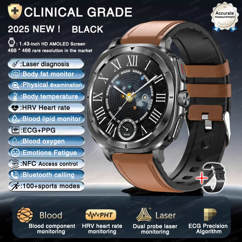 New Laser Therapy ECG Blood Pressure Smart Watch Uric Acid Blood Lipid Organ monitor Clock NFC BT Call Health Watches Men Health Care Supplies
