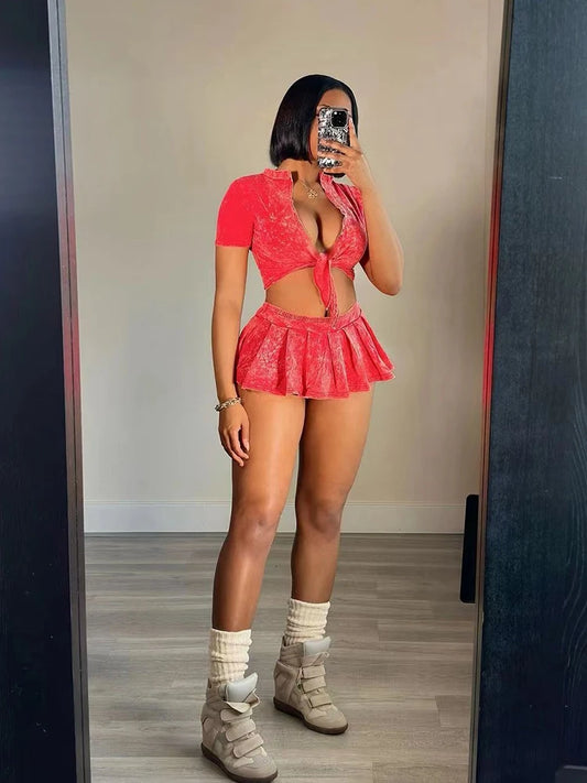NEW Arrivals 2PCS Set S-XL UK Size Black/Blue/Red Color Sexy Skirt Sets Women Outfit Solid Color Streetwear Summer Outfit Ladies Girls Evening Rave Party Night Club Suit