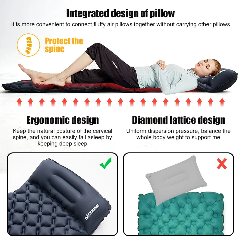 Outdoor Camping Sleeping Pad Inflatable Mattress with Pillows Ultralight Air Mat Built-in Inflator Pump Travel Hiking